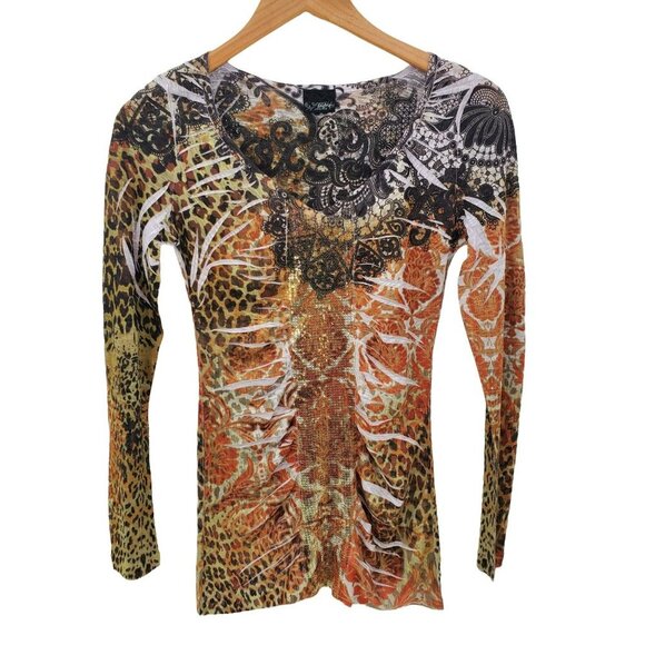 Daytrip Tops - Daytrip Womens Boho Leopard Print Knit Top Sz S Brown Sequin V-Neck Slimming